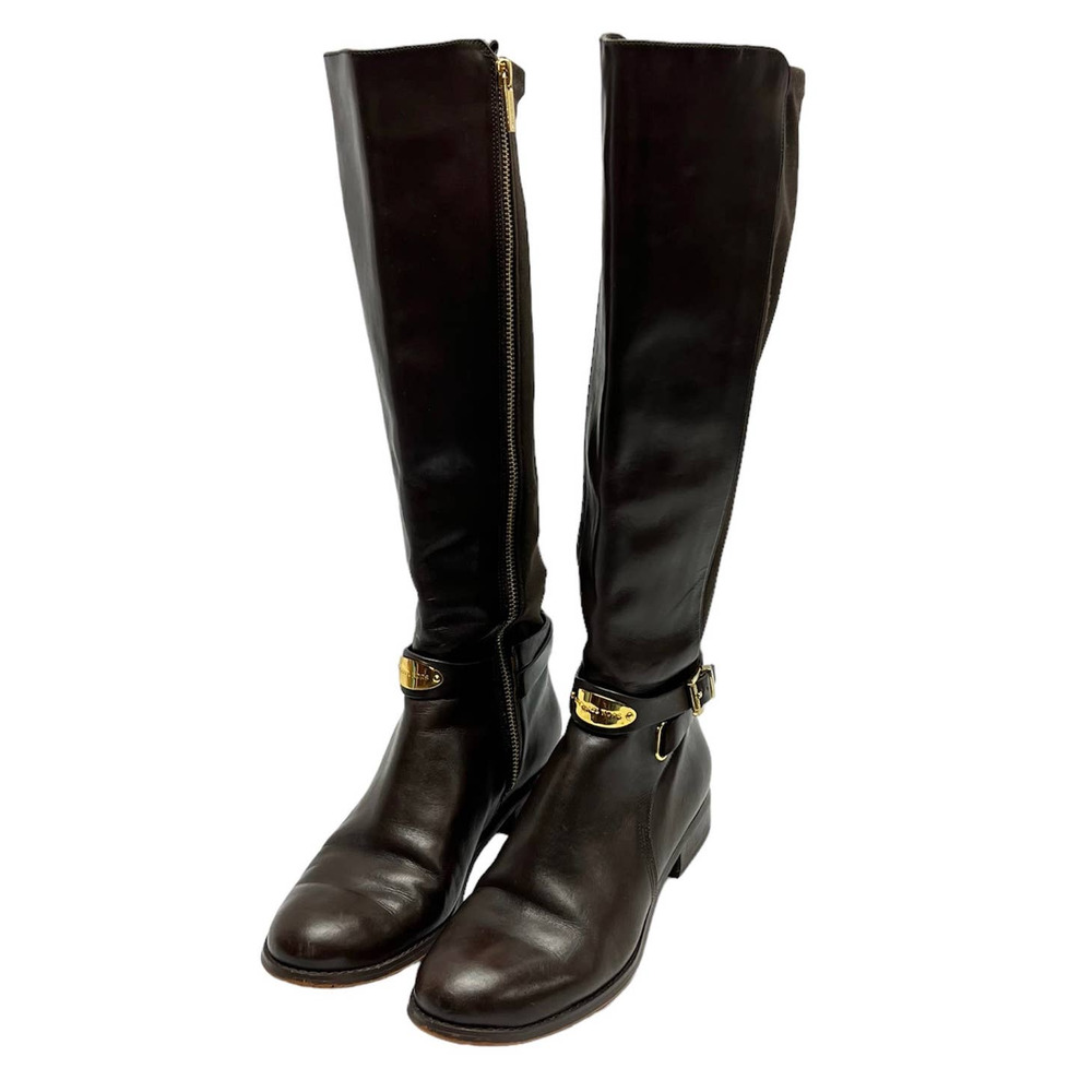 Michael Kors Knee High Boots Leather & Nylon Buckle Detail Women's Size 8M